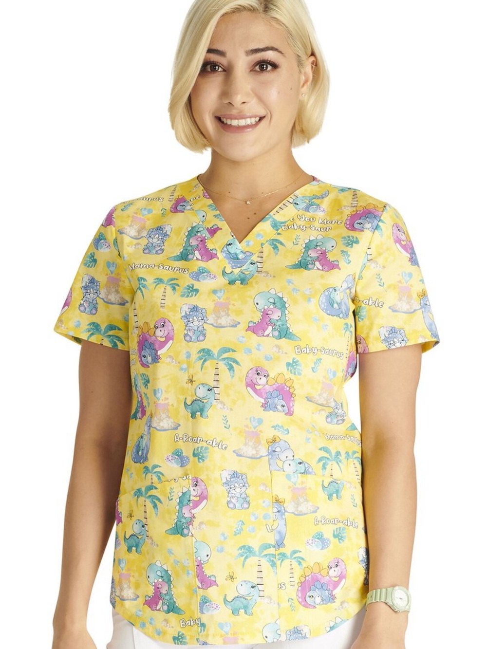 Cherokee Yellow V-Neck Pediatric Dinosaur Print Scrub Top